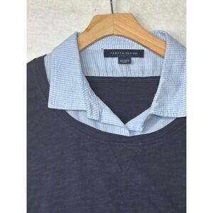 Tommy Hilfiger Women Navy Blue Layered Long Sleeve Button Down Shirt Top L